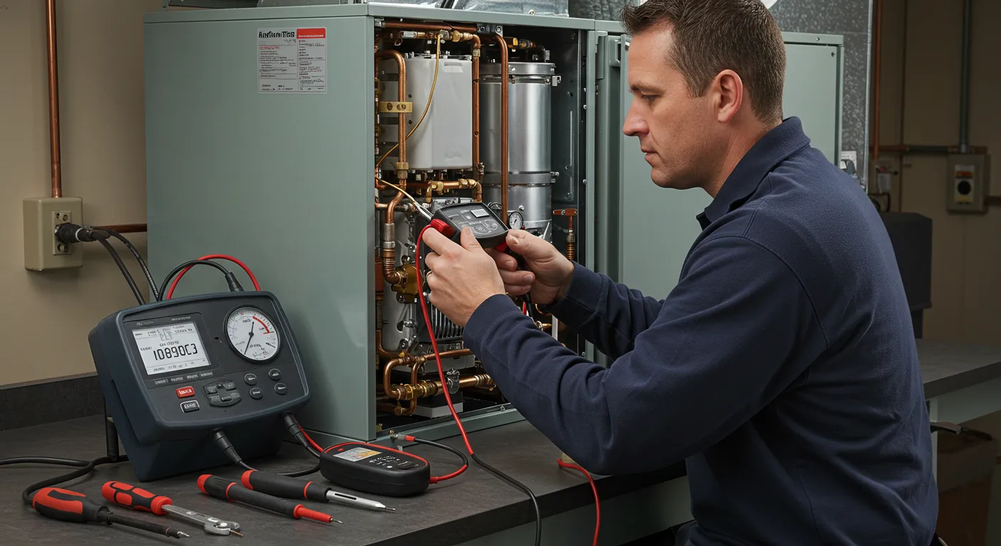 HVAC technician using multimeter to test system with copper pipes, digital gauge reading '0890 C', and diagnostic tools on workbench