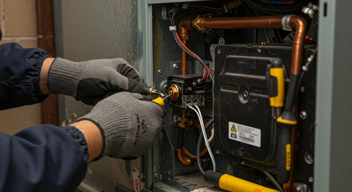 Close-up of gloved hands repairing HVAC system with screwdriver, copper pipes, wires, and labeled components inside open panel