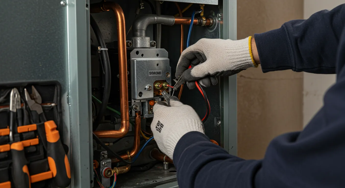 Close-up of gloved hands using pliers to adjust HVAC system with copper pipes, wires, and tools nearby