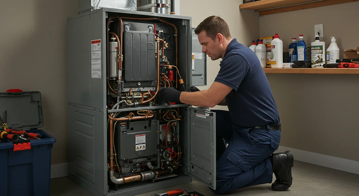 Technician in blue uniform adjusting open HVAC system with tools, copper pipes, wires, labeled components, and supplies nearby