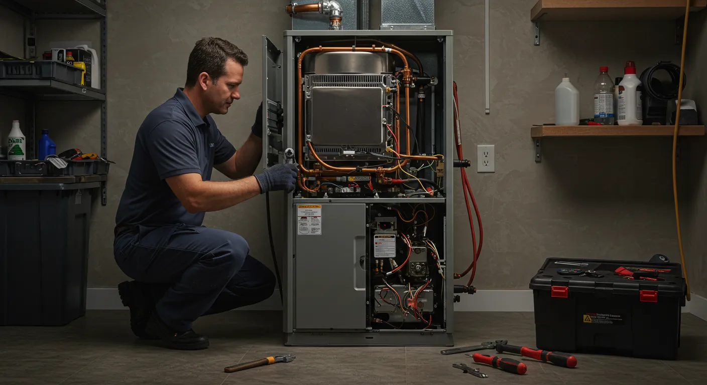 Technician in blue uniform kneeling to repair open HVAC system with copper pipes, wires, labeled components, and tools nearby