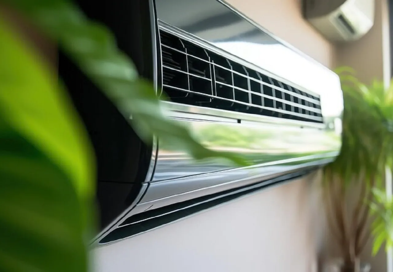 Modern air conditioning unit mounted on wall with green plants nearby