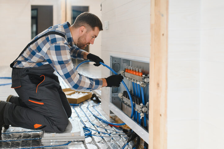 Technician installing radiant floor heating pipes and manifold system