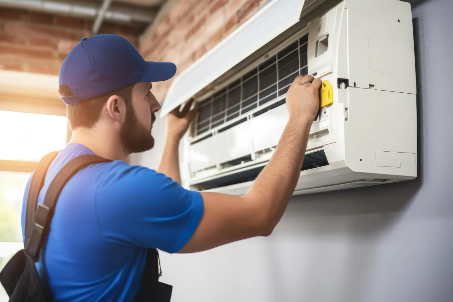 A repair technician in a blue uniform and cap cleans the filter of a ductless mini-split AC unit.