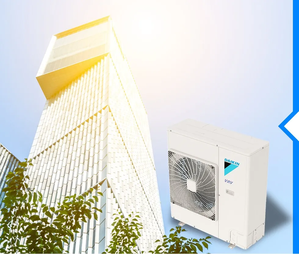 A Daikin VRV outdoor air conditioning unit is digitally placed next to a modern high-rise building on a sunny day.