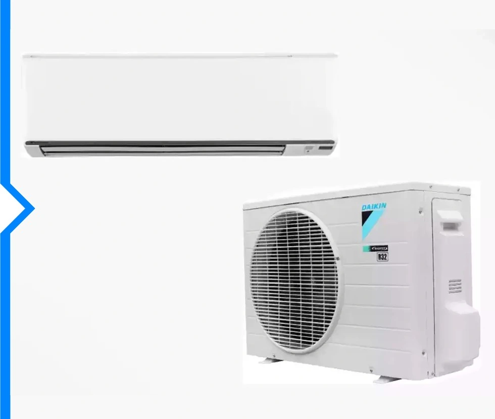 A white Daikin ductless AC indoor unit is displayed above a white Daikin ductless outdoor unit on a solid white background.