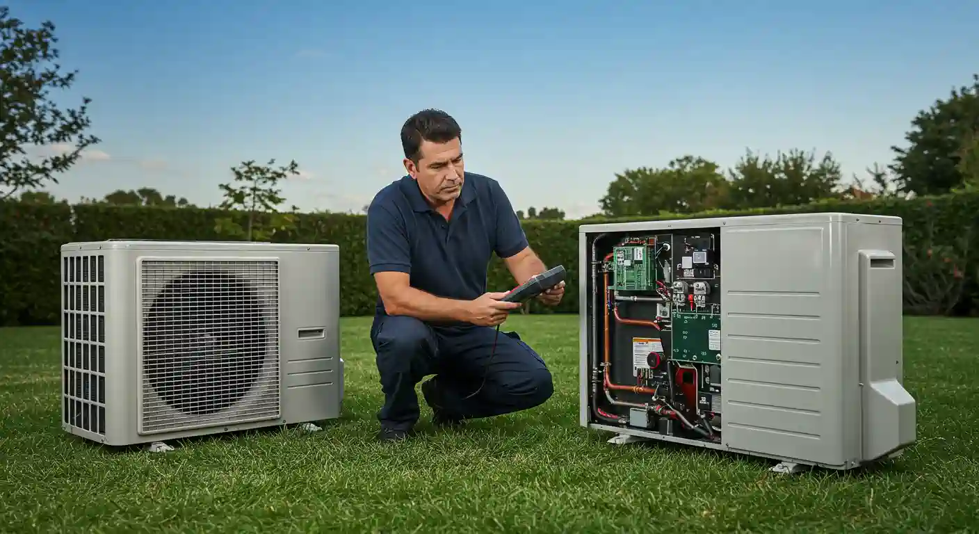 A male HVAC technician is kneeling on a lawn, examining the internal components of an outdoor air conditioning or heat pump unit. He is holding a tool, possibly a multimeter, and appears to be diagnosing the system. Another similar unit is visible to his left. The background consists of a green lawn and trees under a clear blue sky.