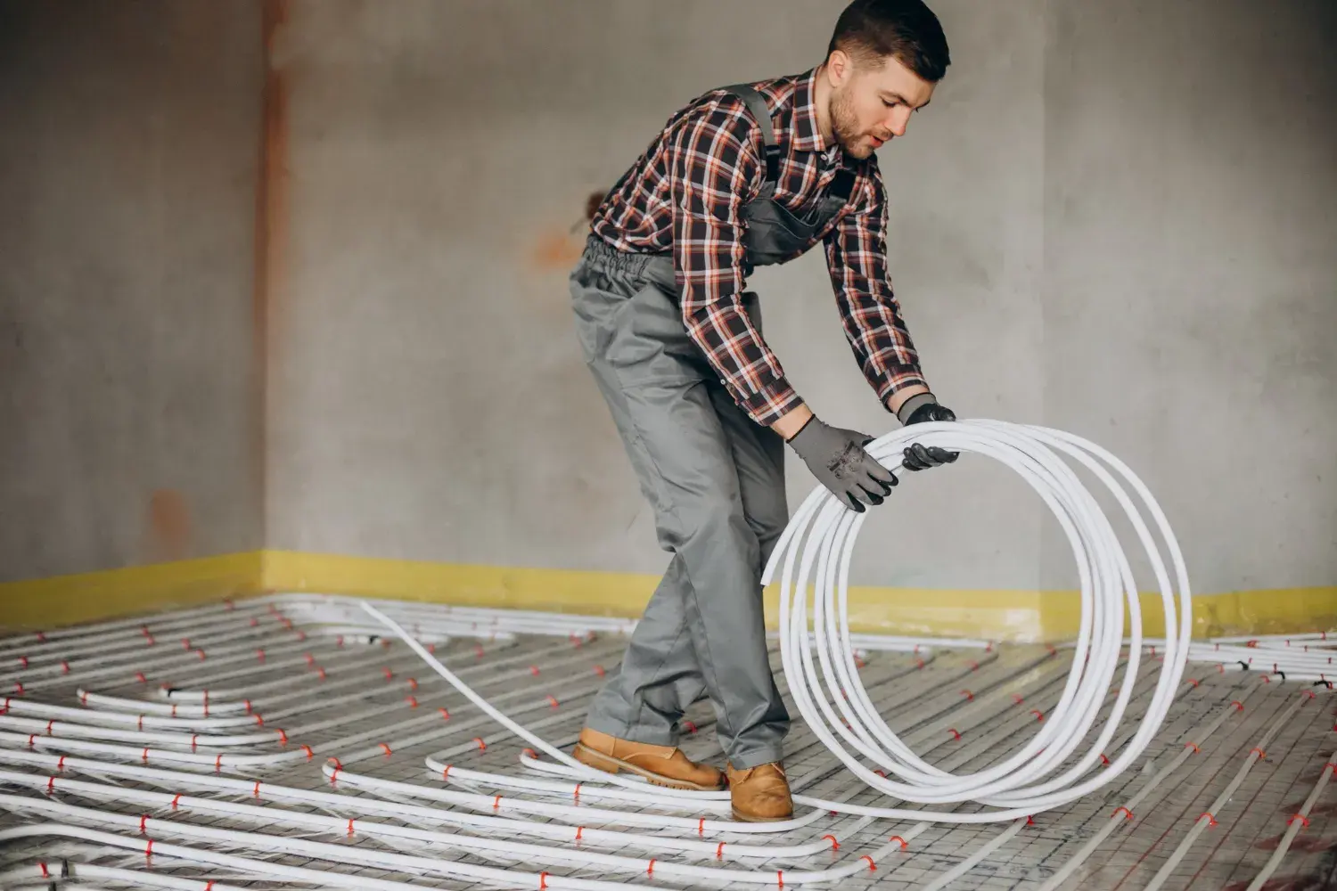 Worker installing underfloor heating pipes in construction site