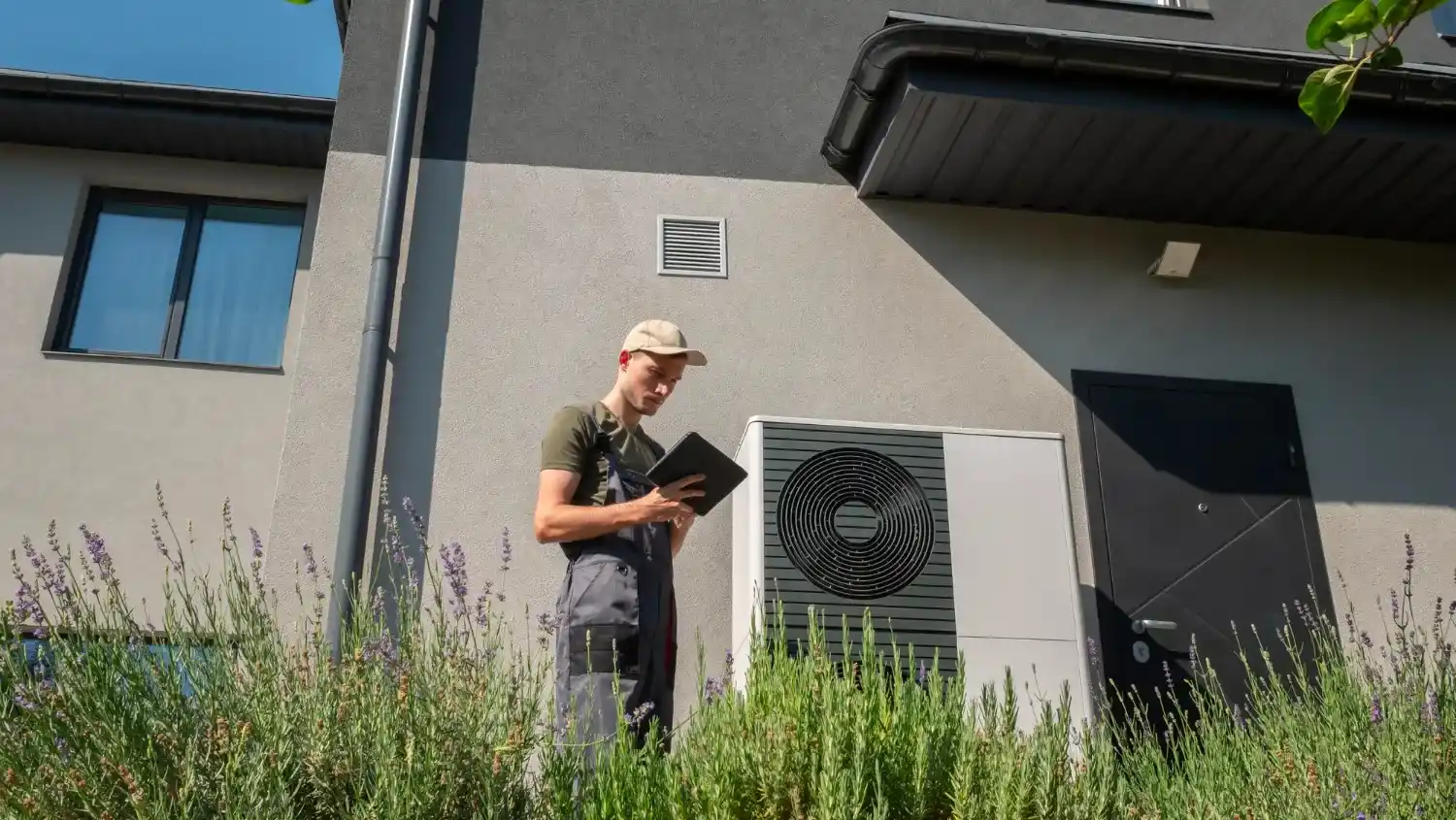 Technician checking heat pump near lavender plants on a sunny day