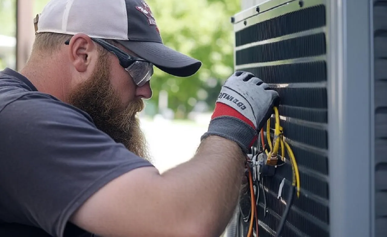 Technician in safety glasses repairing electrical wiring on an HVAC unit