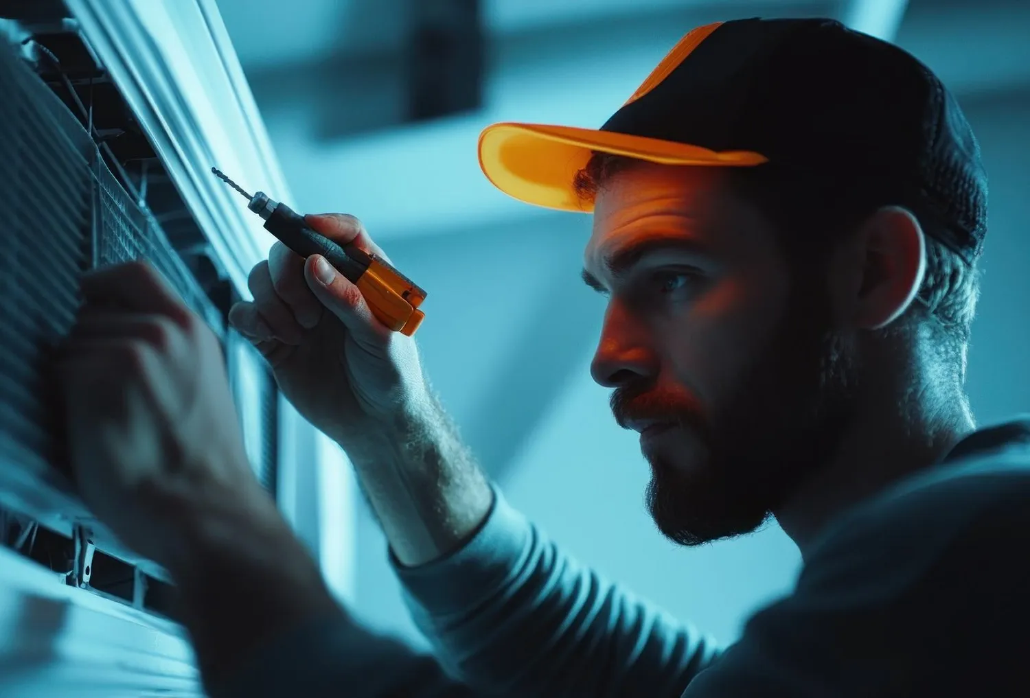 Technician in orange cap fixing electrical equipment with screwdriver