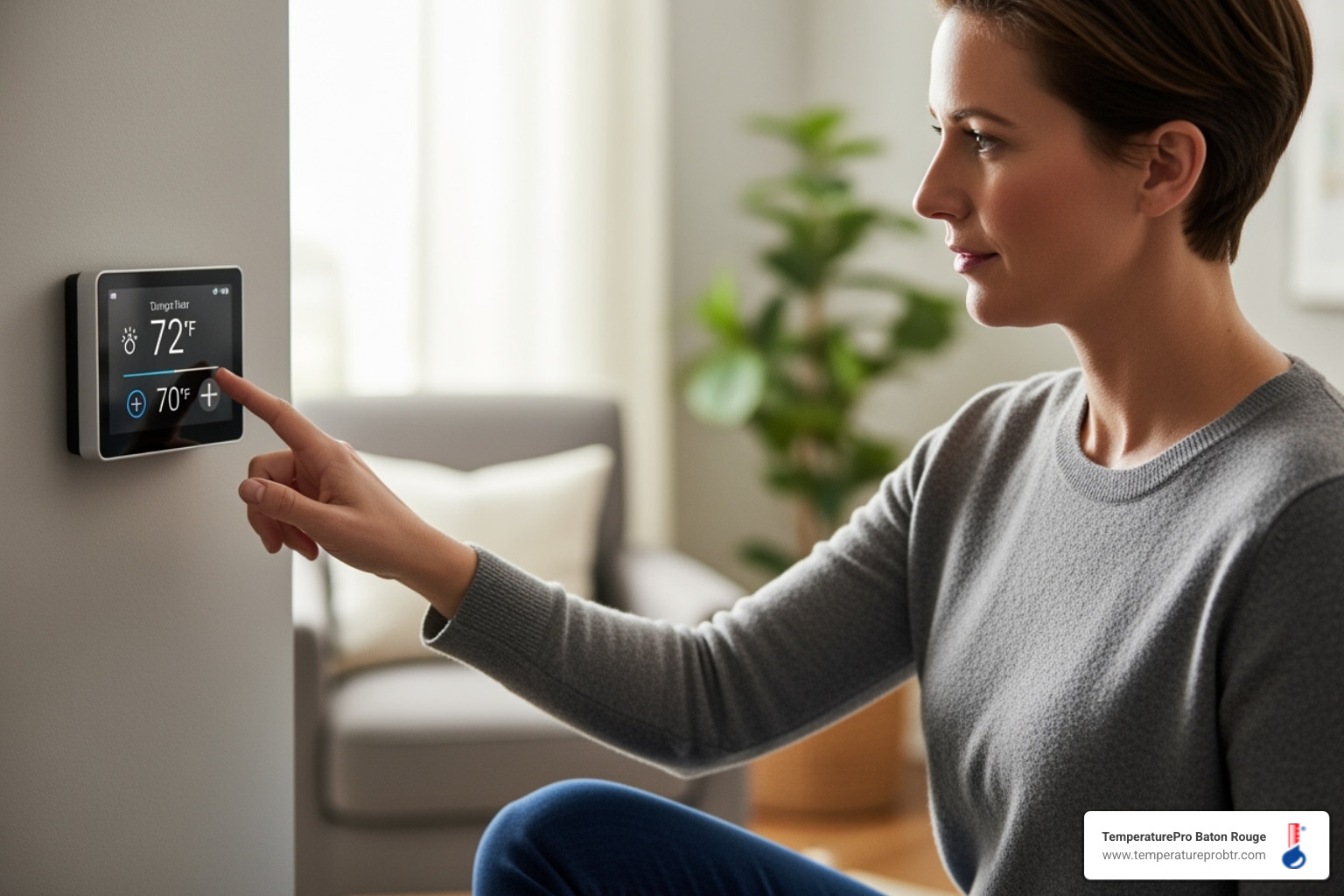 homeowner adjusting a smart thermostat - heating replacement in denham springs la homeowner adjusting a smart thermostat - heating replacement in denham springs la