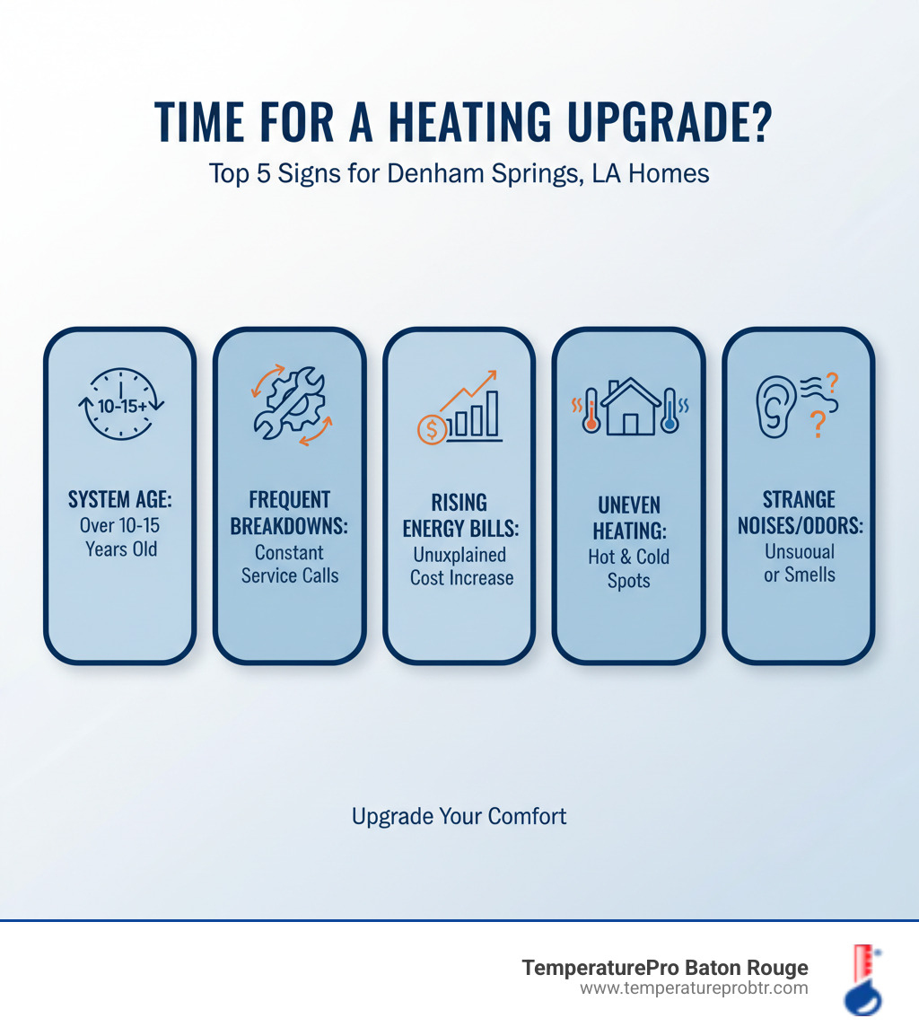 Infographic showing the top 5 signs it's time for a heating system upgrade: system age over 10-15 years, frequent breakdowns requiring multiple service calls, rising energy bills without increased usage, uneven heating with hot and cold spots throughout the home, and strange noises or unusual odors from the heating system - heating replacement in denham springs la infographic  Infographic showing the top 5 signs it's time for a heating system upgrade: system age over 10-15 years, frequent breakdowns requiring multiple service calls, rising energy bills without increased usage, uneven heating with hot and cold spots throughout the home, and strange noises or unusual odors from the heating system - heating replacement in denham springs la infographic