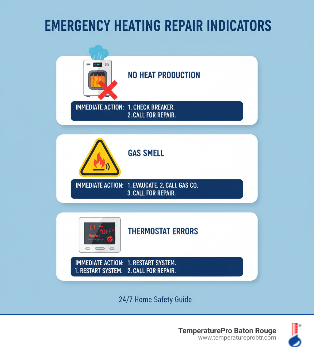 Infographic showing three key emergency heating repair indicators: a furnace with an X indicating no heat production, a warning triangle with gas smell icon, and a thermostat displaying error symbols. Each section includes immediate action steps for homeowners. - 24/7 heating repair in burnside la infographic  Infographic showing three key emergency heating repair indicators: a furnace with an X indicating no heat production, a warning triangle with gas smell icon, and a thermostat displaying error symbols. Each section includes immediate action steps for homeowners. - 24/7 heating repair in burnside la infographic