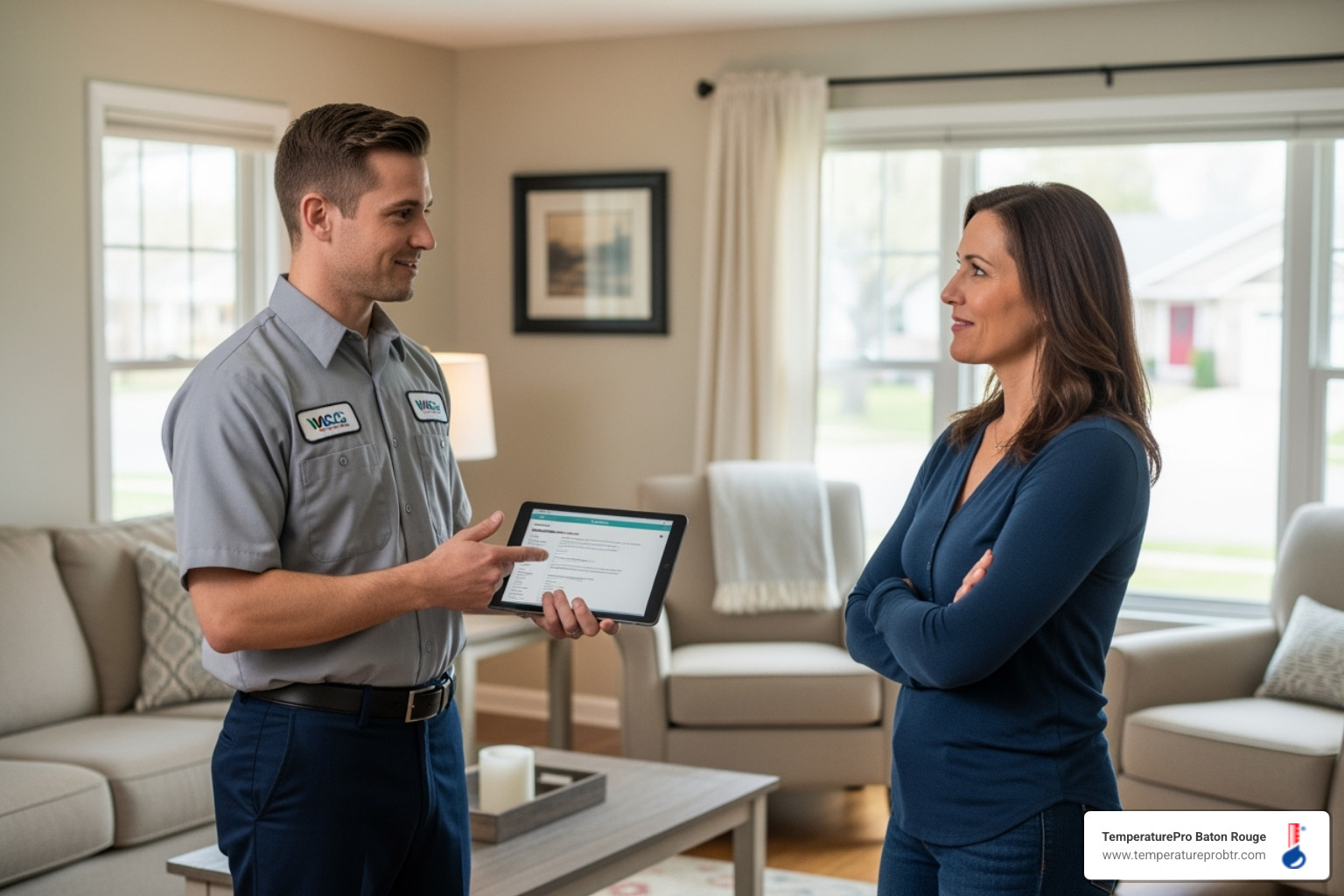 technician talking with homeowner - 24/7 heating repair in burnside la technician talking with homeowner - 24/7 heating repair in burnside la