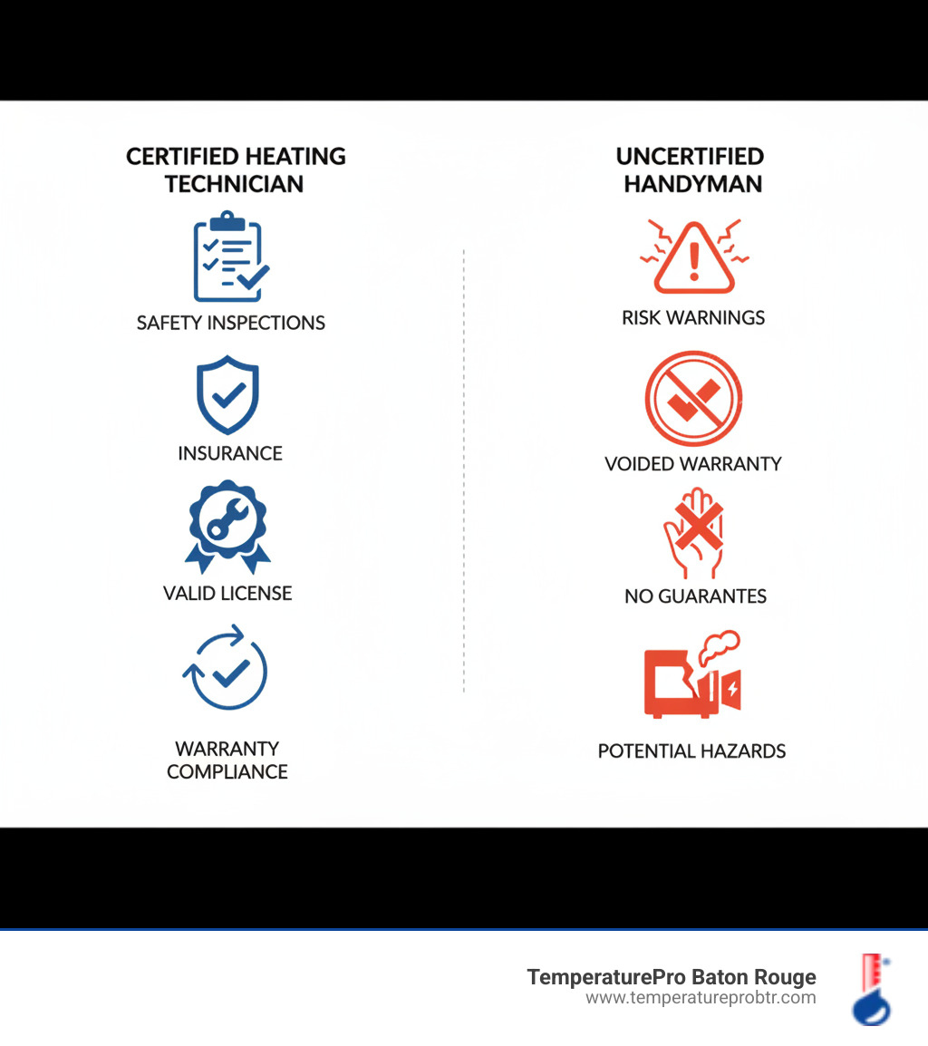 Infographic comparing certified heating technician versus uncertified handyman: certified side shows safety inspections with checklist, insurance shield icon, valid license badge, and warranty compliance checkmark; uncertified side shows risk warning symbols, voided warranty stamp, no guarantees disclaimer, and potential hazard icons - certified heating technician in baton rouge la infographic  Infographic comparing certified heating technician versus uncertified handyman: certified side shows safety inspections with checklist, insurance shield icon, valid license badge, and warranty compliance checkmark; uncertified side shows risk warning symbols, voided warranty stamp, no guarantees disclaimer, and potential hazard icons - certified heating technician in baton rouge la infographic