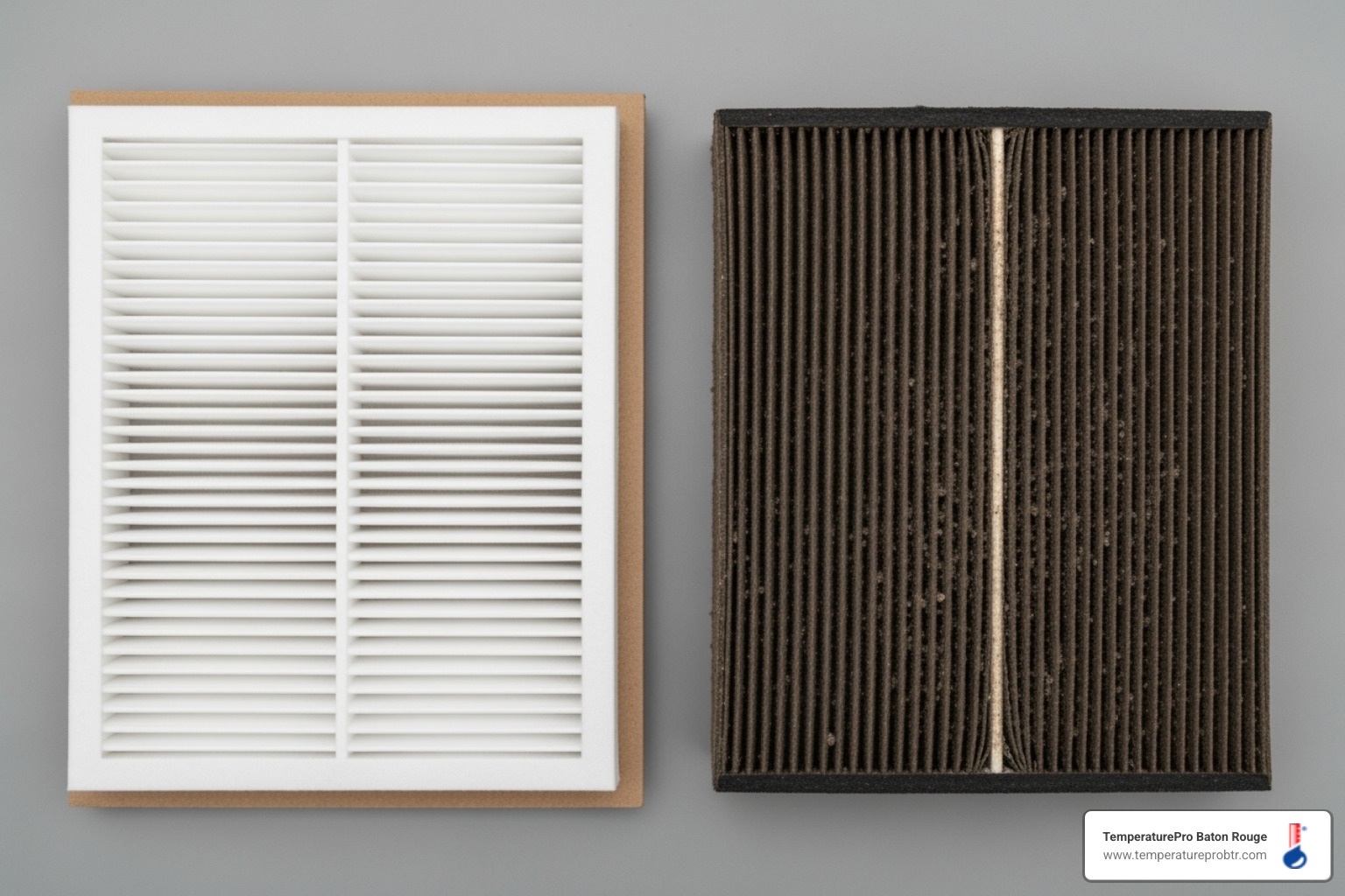 Image of a clean HVAC air filter next to a dirty one - certified heating technician in baton rouge la Image of a clean HVAC air filter next to a dirty one - certified heating technician in baton rouge la
