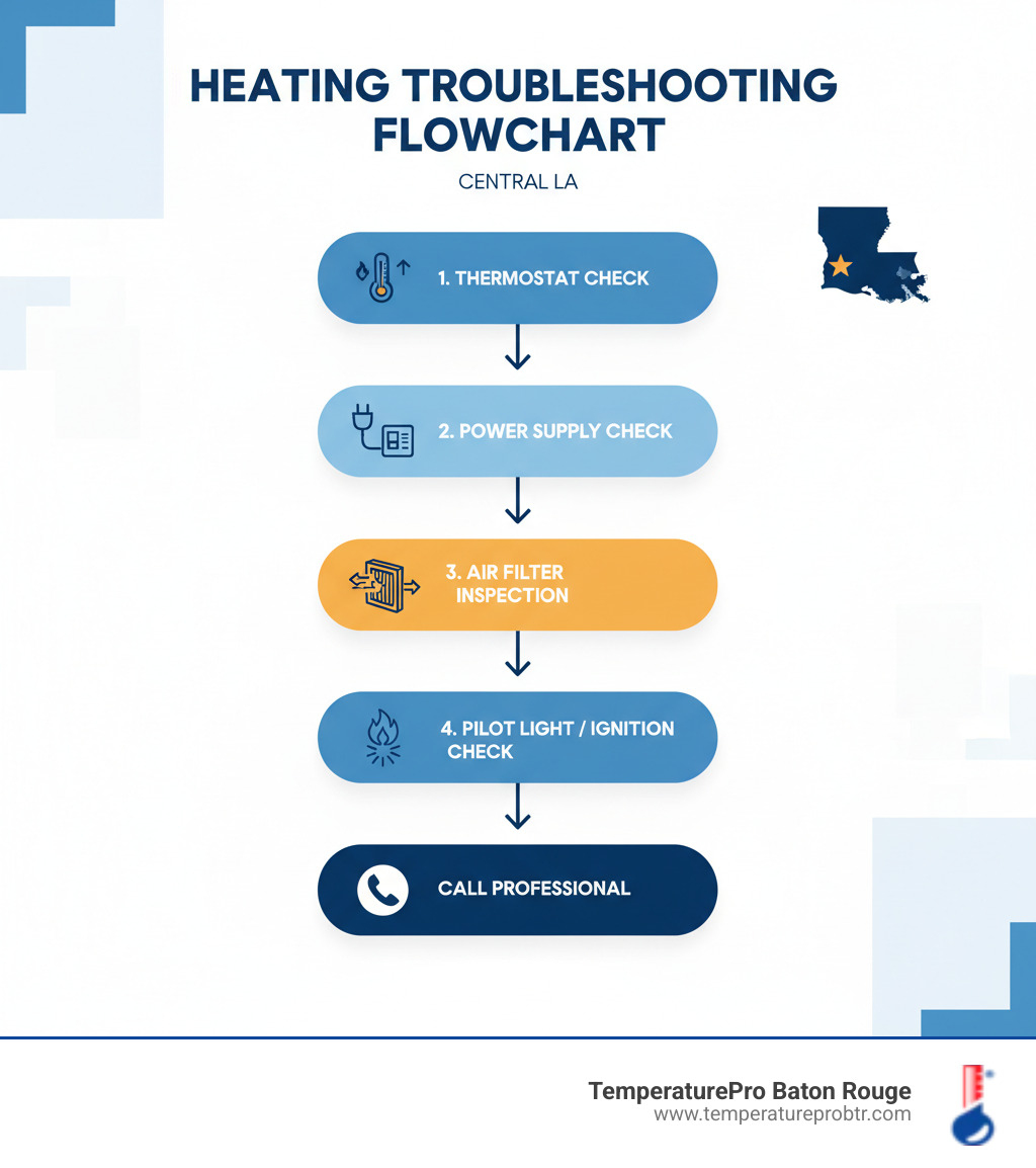 infographic showing a 5-step heating system troubleshooting flowchart starting with thermostat check, then power supply check, then air filter inspection, then pilot light or ignition check, and ending with call professional if none work - heating won't turn on in central la infographic  infographic showing a 5-step heating system troubleshooting flowchart starting with thermostat check, then power supply check, then air filter inspection, then pilot light or ignition check, and ending with call professional if none work - heating won't turn on in central la infographic