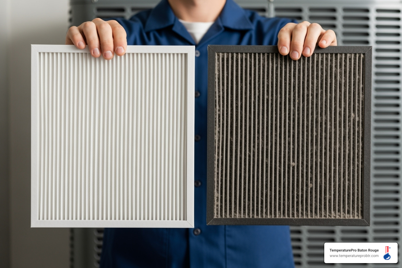 person holding clean and dirty HVAC air filter - heating won't turn on in central la person holding clean and dirty HVAC air filter - heating won't turn on in central la