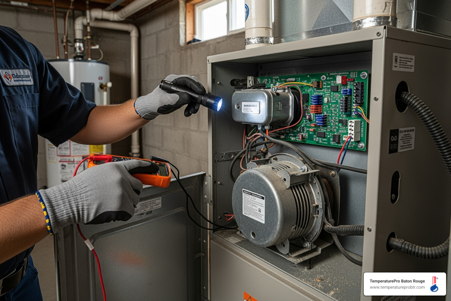 HVAC technician inspecting furnace components - heating won't turn on in central la HVAC technician inspecting furnace components - heating won't turn on in central la