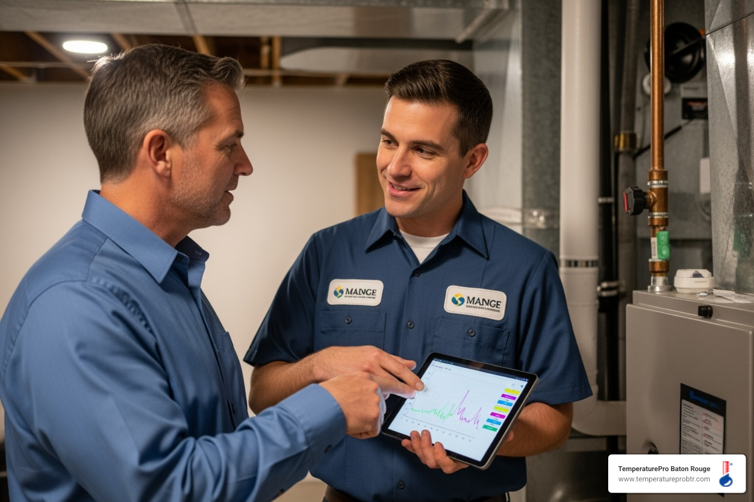 of a professional, friendly technician talking to a homeowner - heating won't turn on in iberville la of a professional, friendly technician talking to a homeowner - heating won't turn on in iberville la