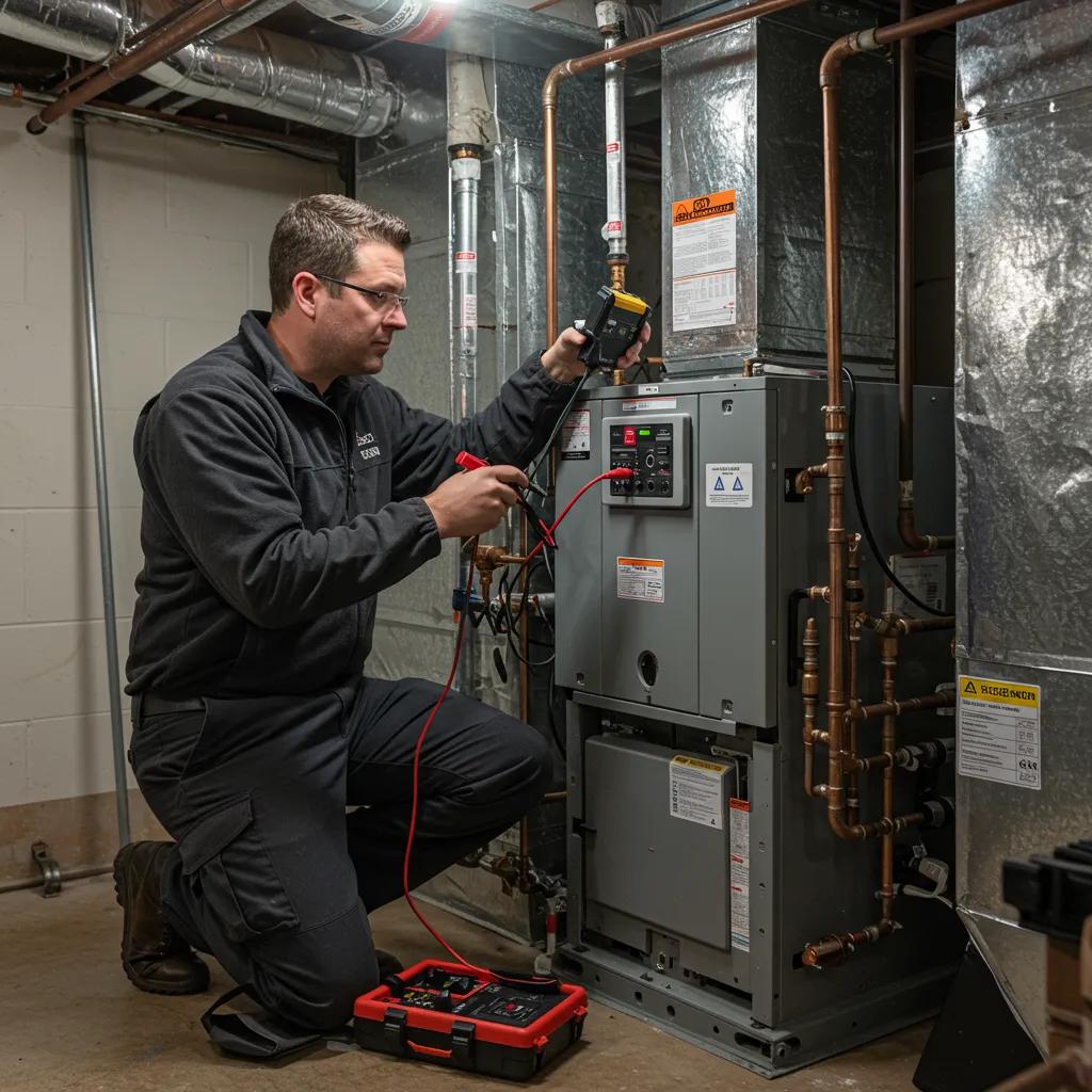 HVAC technician performing a professional furnace tune-up, demonstrating thorough inspection and care