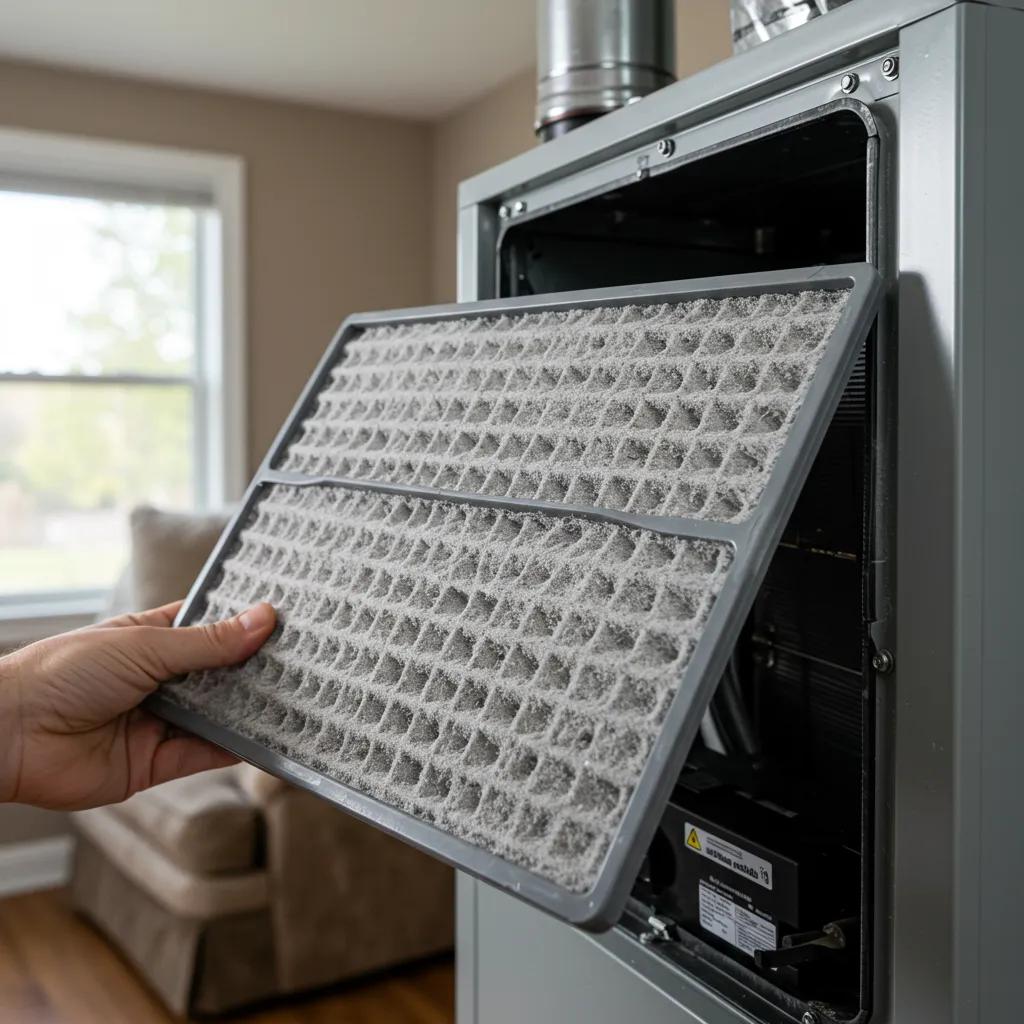 Homeowner replacing a clean furnace filter, highlighting the importance of indoor air quality