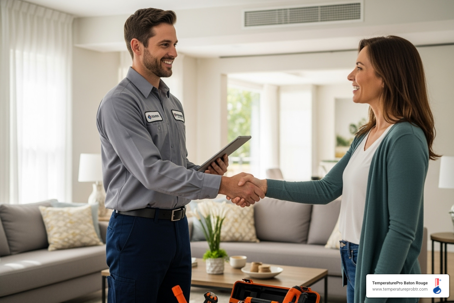 Friendly technician shaking hands with a satisfied homeowner - heating company near me in prairieville la Friendly technician shaking hands with a satisfied homeowner - heating company near me in prairieville la
