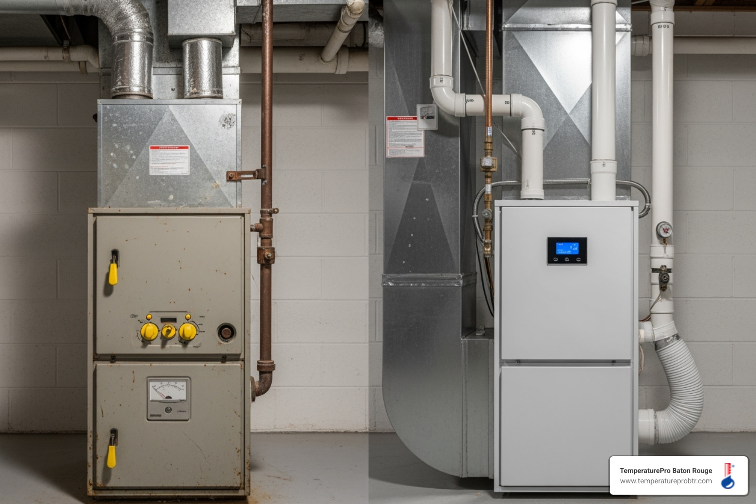 Old, inefficient furnace next to a sleek, modern high-efficiency unit - heating company near me in prairieville la Old, inefficient furnace next to a sleek, modern high-efficiency unit - heating company near me in prairieville la