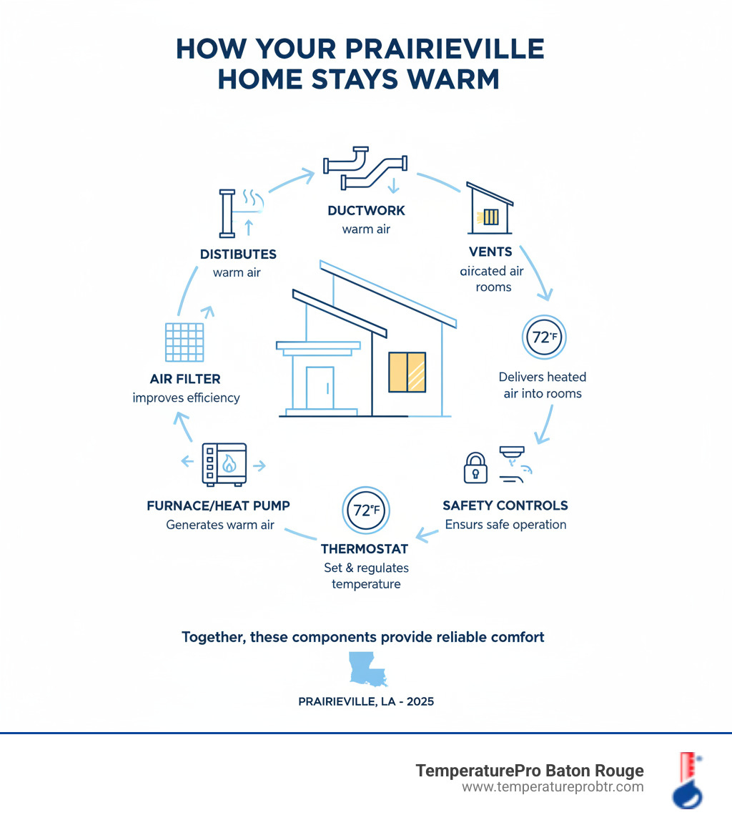 Infographic showing the key components of a home heating system including the furnace or heat pump, thermostat, ductwork, vents, air filter, and safety controls, with labels explaining how each part works together to keep your Prairieville home warm and comfortable - heating company near me in prairieville la infographic  Infographic showing the key components of a home heating system including the furnace or heat pump, thermostat, ductwork, vents, air filter, and safety controls, with labels explaining how each part works together to keep your Prairieville home warm and comfortable - heating company near me in prairieville la infographic