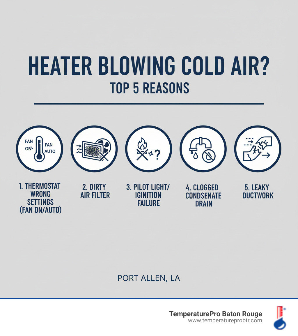 Infographic showing the top 5 reasons a heater blows cold air: 1) Thermostat set incorrectly with fan on ON instead of AUTO, 2) Dirty air filter blocking airflow and causing overheating, 3) Pilot light out or ignition failure preventing flame, 4) Clogged condensate drain triggering safety shutoff, 5) Leaky ductwork losing heat before it reaches vents - heating blowing cold air in port allen la infographic 