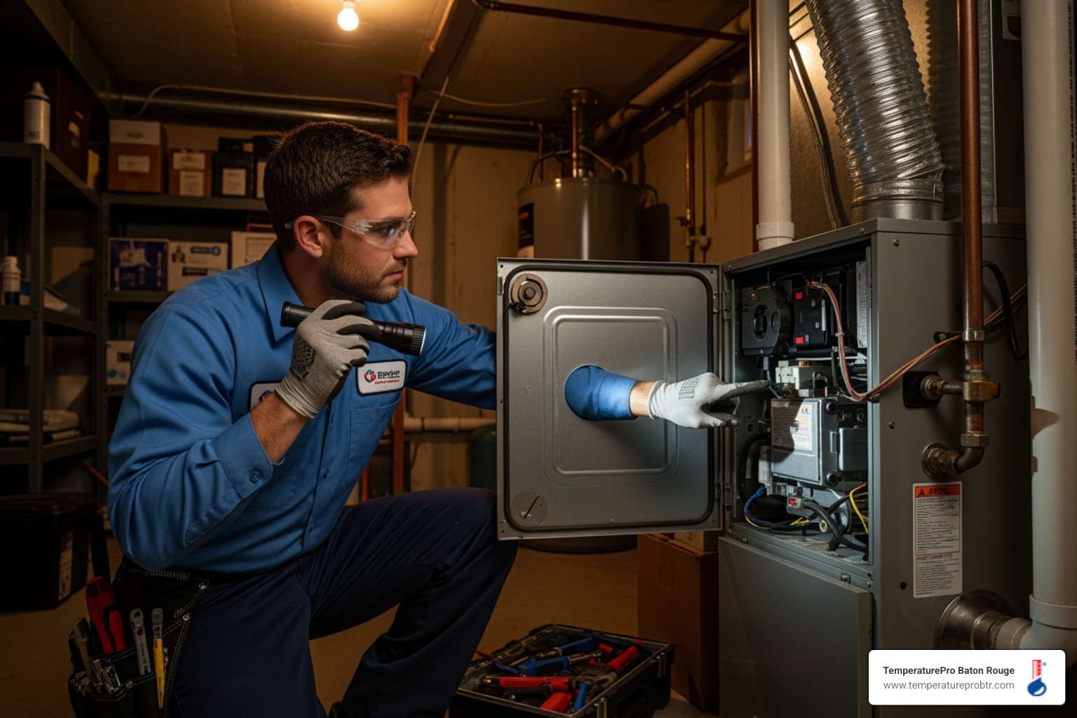professional HVAC technician inspecting a furnace - heating blowing cold air in port allen la