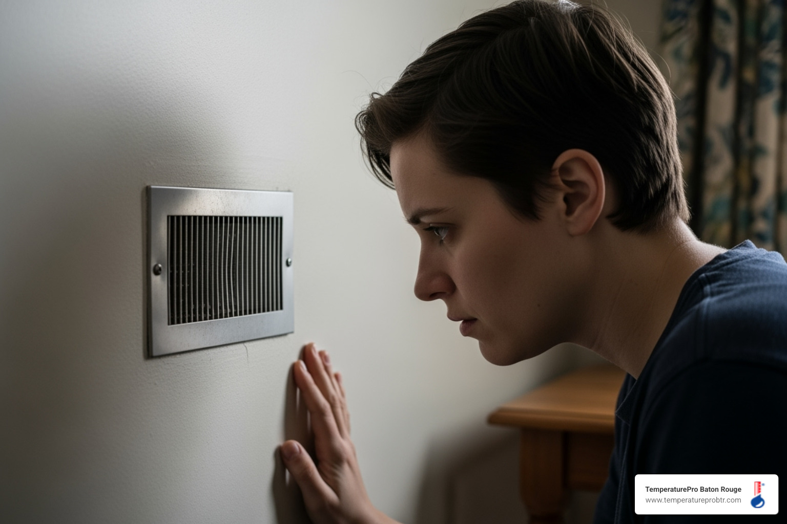 person looking concerned at silent air vent - heating won't turn on in sunshine la