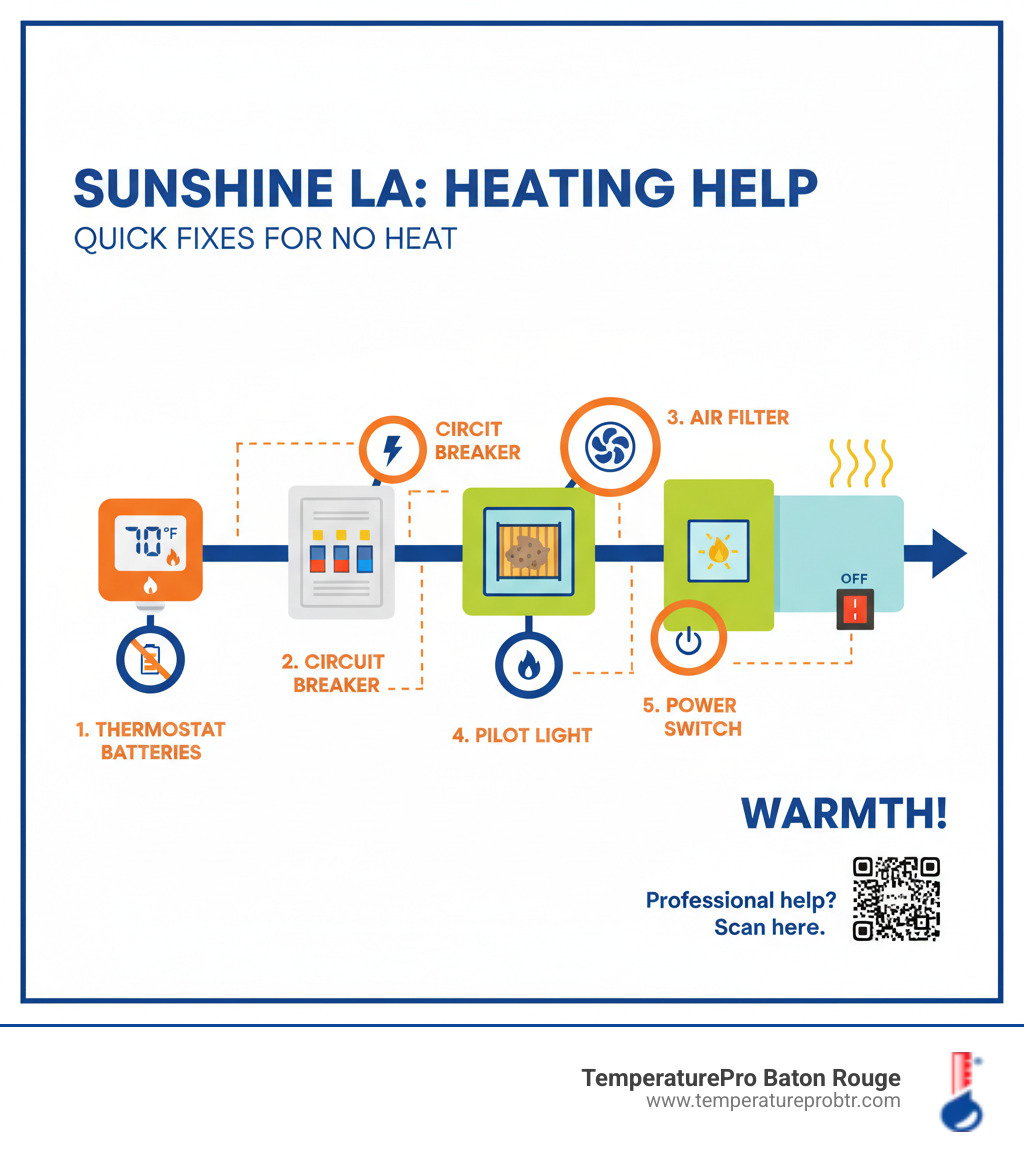 infographic showing the heating system flow from thermostat through electrical panel to furnace or heat pump, with common failure points marked including thermostat batteries, circuit breaker, air filter, pilot light, and power switch - heating won't turn on in sunshine la infographic 