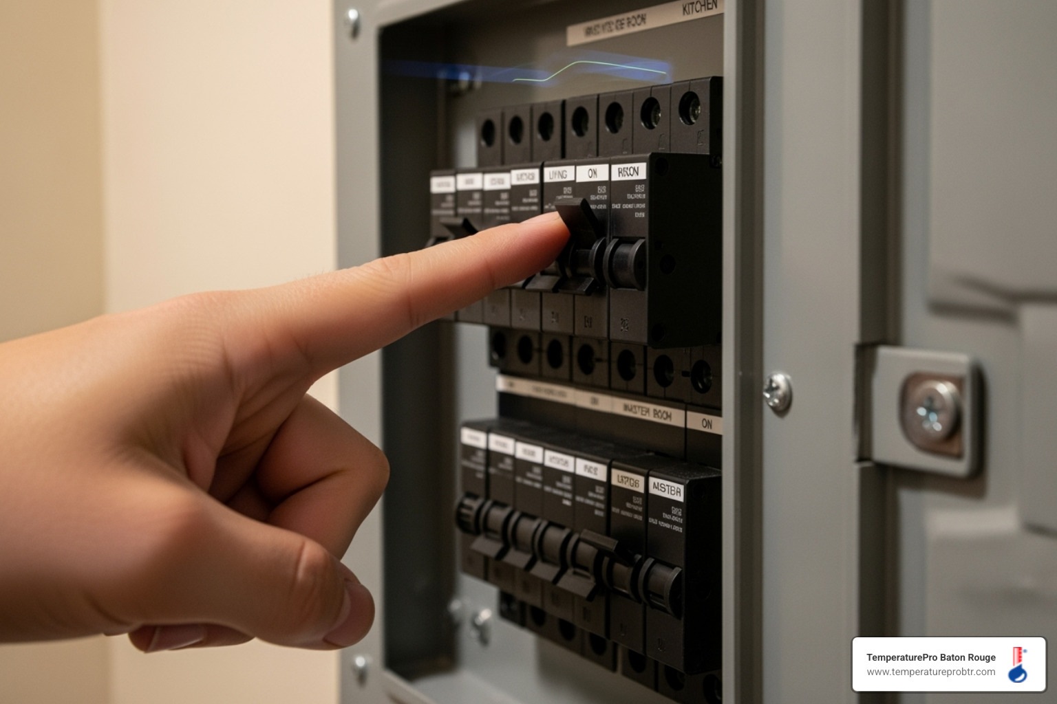 hand pointing to tripped breaker in panel - heating won't turn on in sunshine la