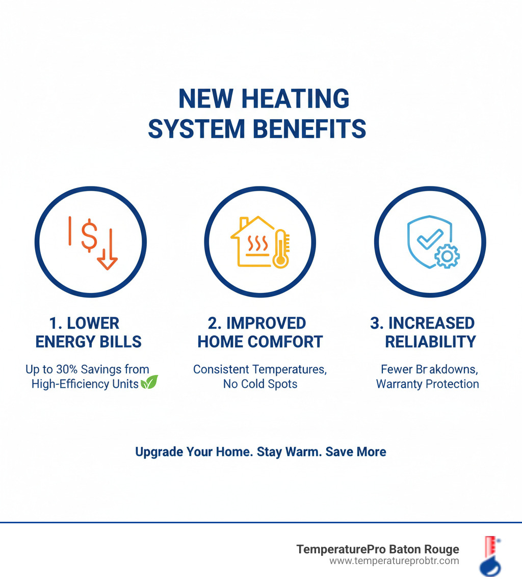 Infographic showing three key benefits of new heating system installation: 1) Lower energy bills with up to 30% savings from modern high-efficiency units, 2) Improved home comfort with consistent temperatures and no cold spots, 3) Increased reliability with fewer breakdowns and manufacturer warranty protection - heating replacement in slaughter la infographic  Infographic showing three key benefits of new heating system installation: 1) Lower energy bills with up to 30% savings from modern high-efficiency units, 2) Improved home comfort with consistent temperatures and no cold spots, 3) Increased reliability with fewer breakdowns and manufacturer warranty protection - heating replacement in slaughter la infographic