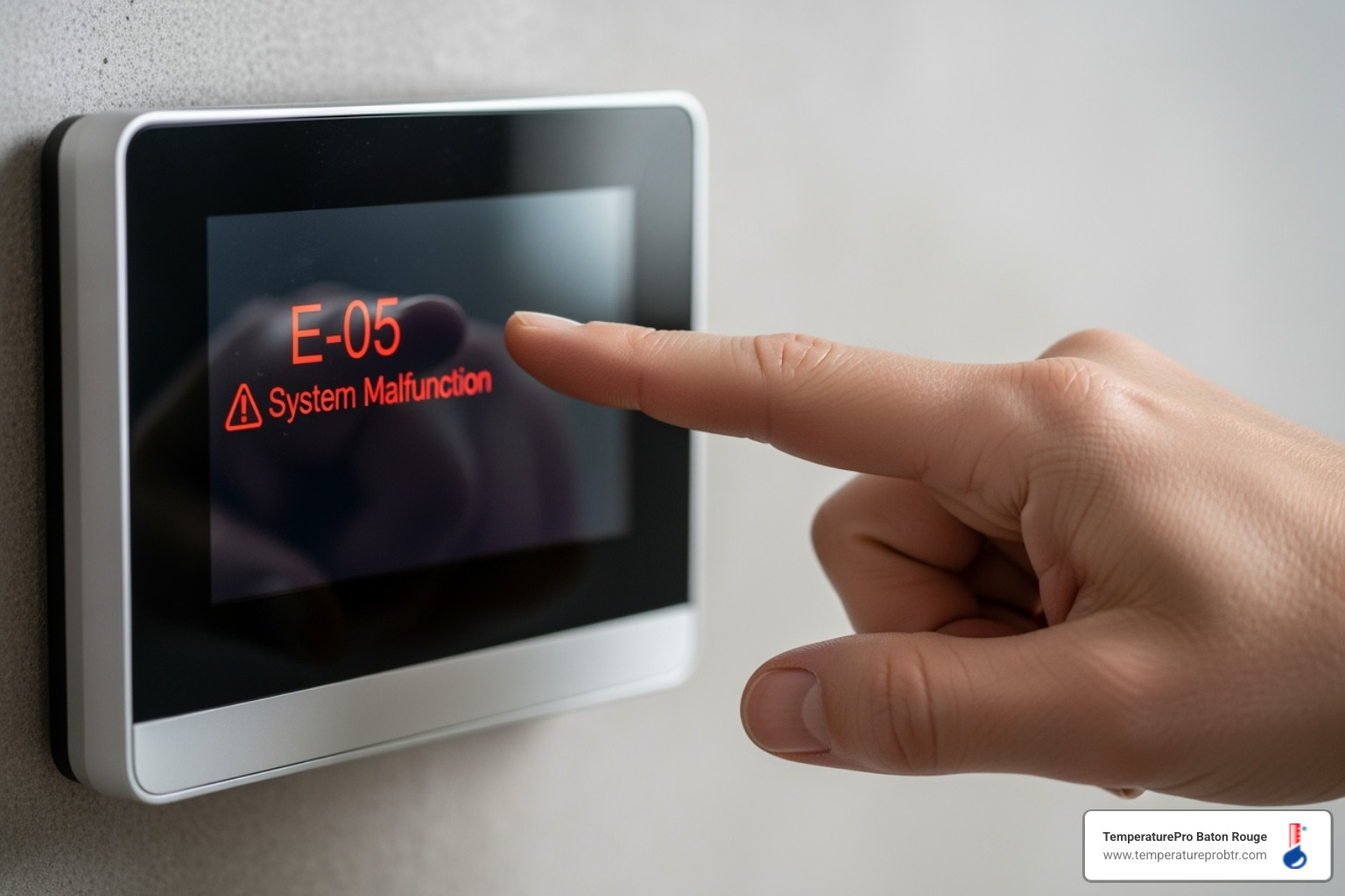 A thermostat displaying an error code, with a worried hand pointing at it - emergency heating repair in livingston la