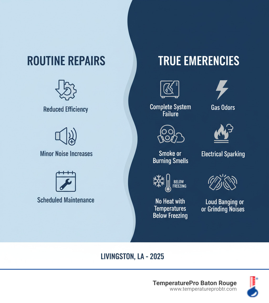 Infographic showing the difference between routine heating repairs and true emergencies: Routine repairs include reduced efficiency, minor noise increases, and scheduled maintenance; True emergencies include complete system failure, gas odors, smoke or burning smells, electrical sparking, no heat with temperatures below freezing, and loud banging or grinding noises - emergency heating repair in livingston la infographic 