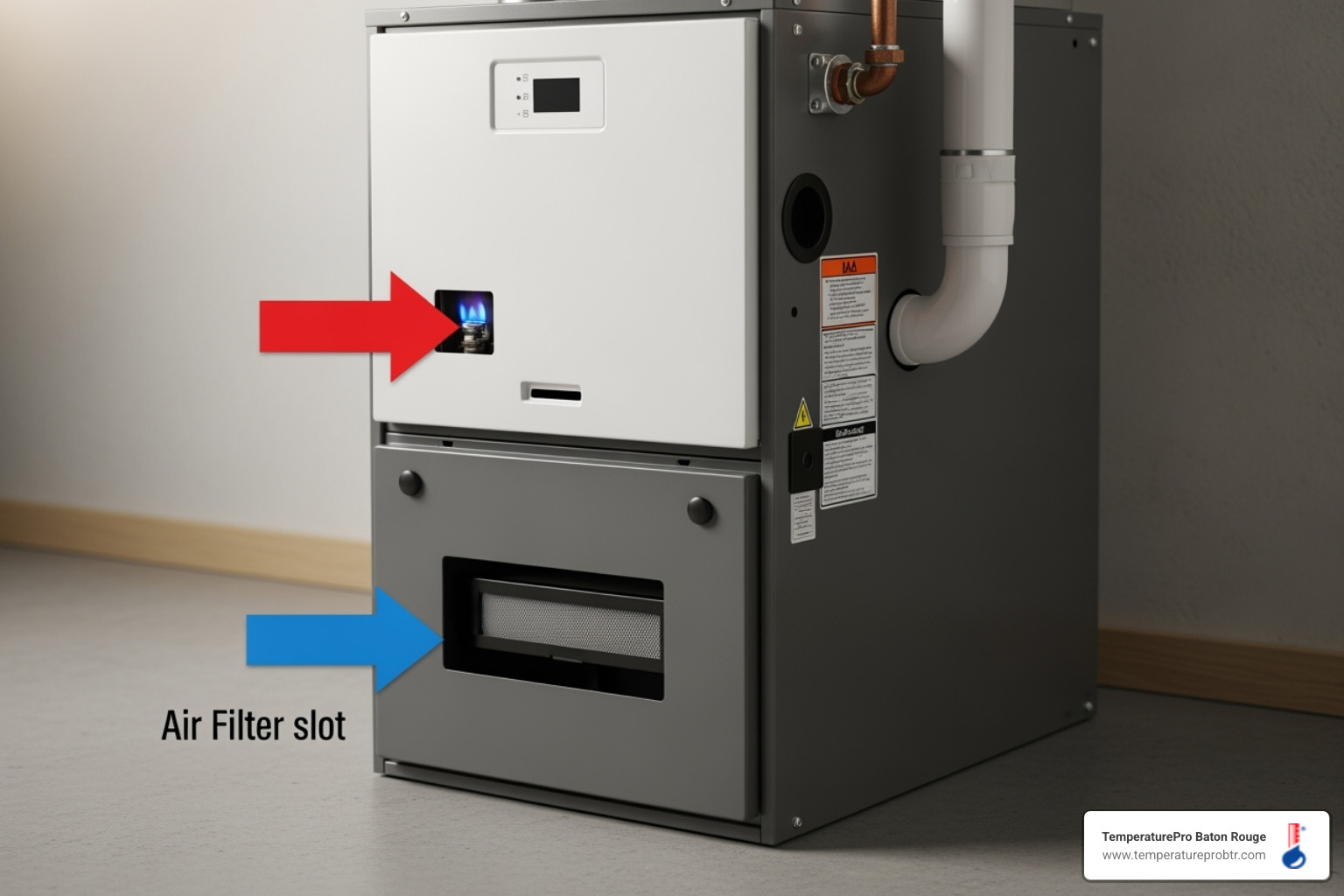 A furnace with arrows pointing to the pilot light area and the air filter slot - emergency heating repair in livingston la