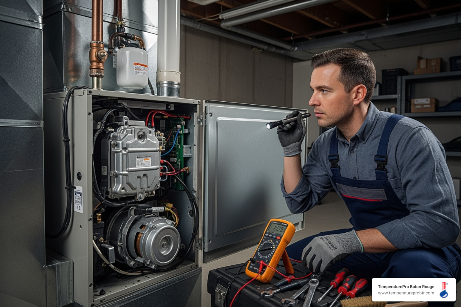 A technician performing a routine maintenance check on a heating system, inspecting internal components - emergency heating repair in livingston la