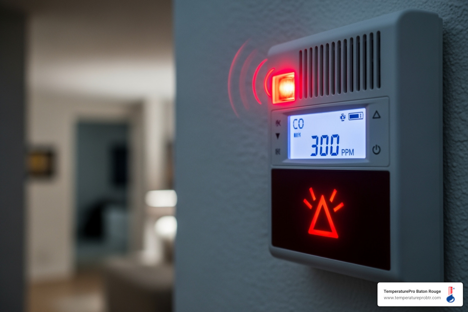 A carbon monoxide detector alarming on a wall, indicating a potential gas leak or dangerous levels of CO in the home. - 24/7 heating repair in denham springs la