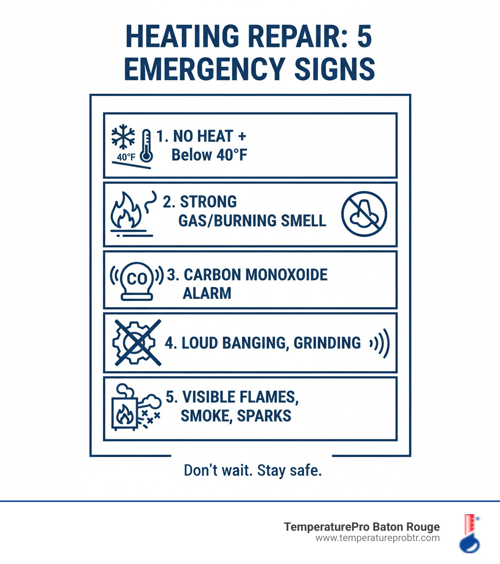 Infographic showing five critical signs requiring emergency heating repair: 1) Complete loss of heat with outdoor temperatures below 40°F, 2) Strong gas or burning smell from the furnace, 3) Carbon monoxide detector alarm activation, 4) Loud banging, grinding, or metal-on-metal sounds, 5) Visible flames, smoke, or sparks from the heating unit - 24/7 heating repair in denham springs la infographic 