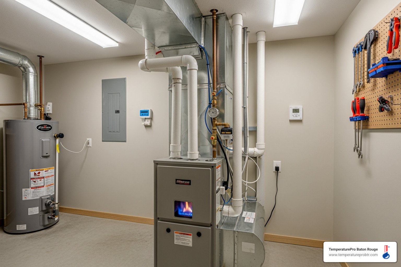 A clean, well-maintained furnace in a tidy utility space, highlighting the benefits of regular HVAC maintenance. - 24/7 heating repair in denham springs la