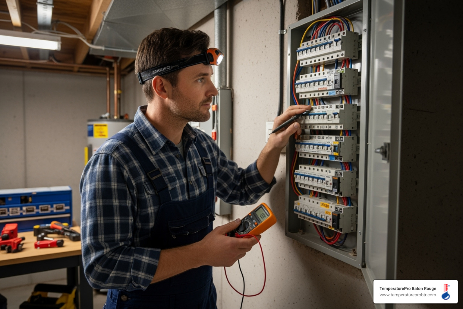 A homeowner safely checking their home's circuit breaker panel, illustrating a basic troubleshooting step for heating issues. - 24/7 heating repair in denham springs la