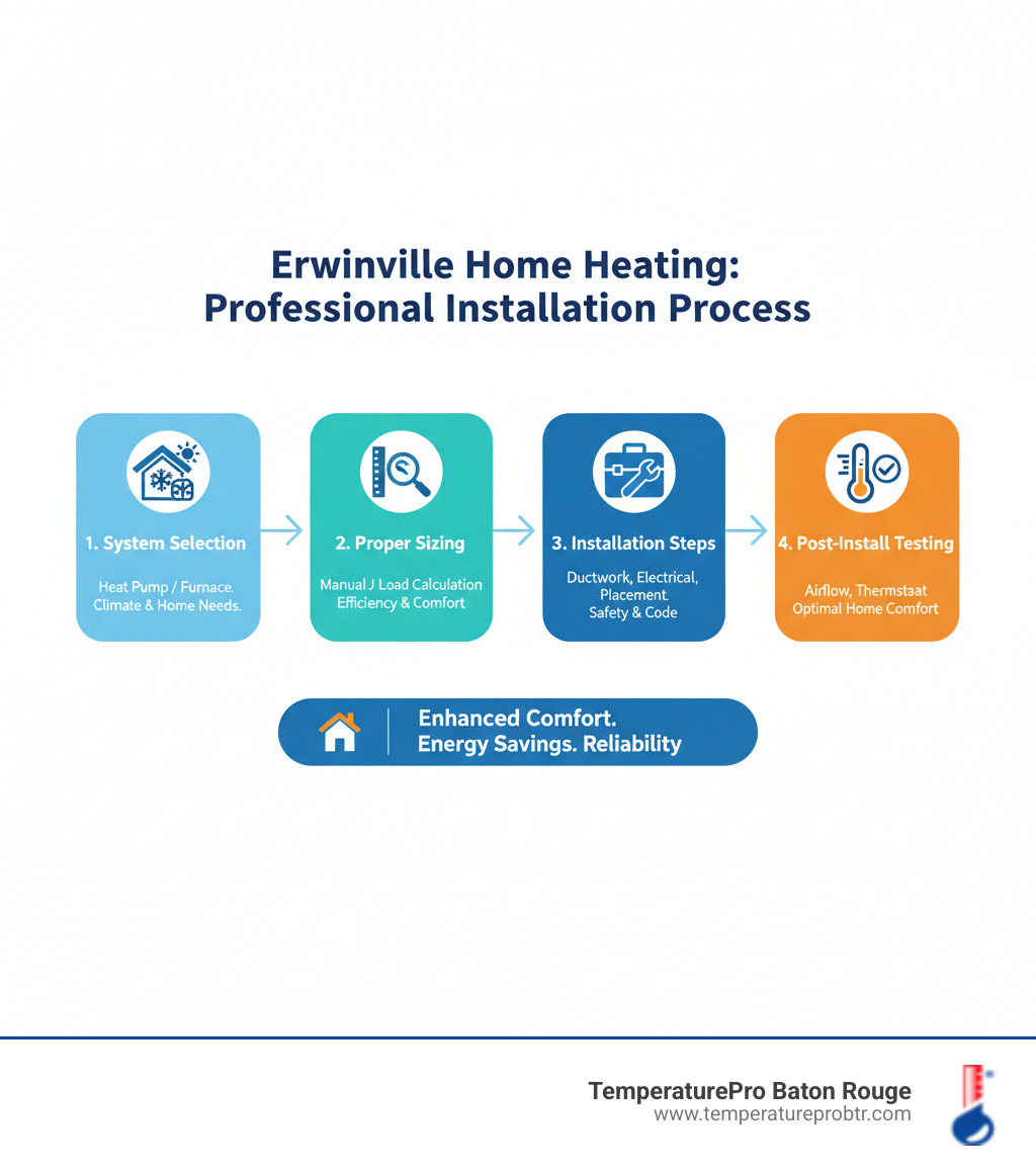 Professional heating installation process in Erwinville showing system selection, sizing, installation steps, and post-installation testing for optimal home comfort - heating installation in erwinville la infographic 