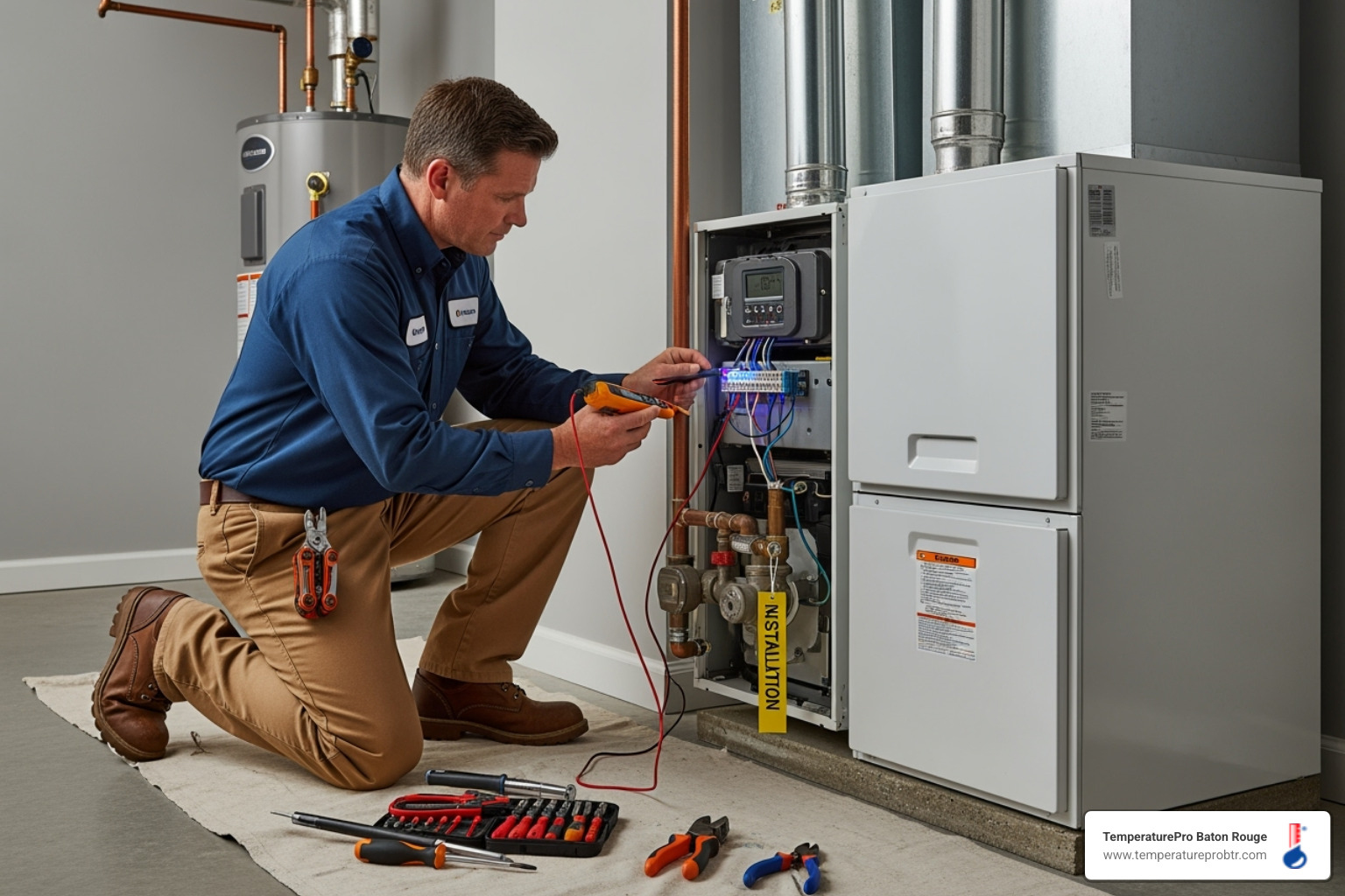 technician checking connections on new furnace - heating installation in erwinville la