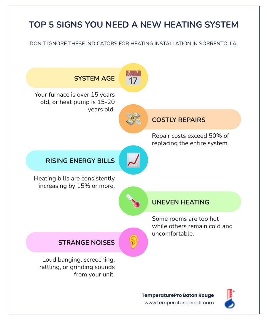 Infographic showing the top 5 signs you need a new heating system: 1) System is 15+ years old, 2) Repair costs exceed 50% of replacement cost, 3) Energy bills increasing by 15% or more, 4) Some rooms too hot while others stay cold, 5) Furnace makes banging, screeching, or rattling noises