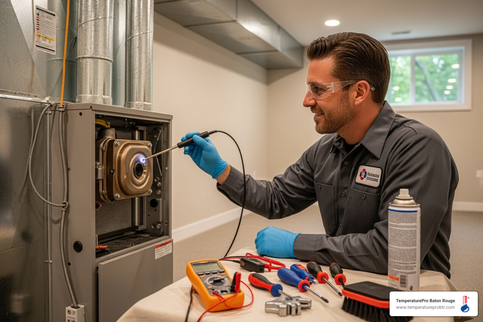 A friendly technician performing a thorough maintenance check on a newly installed heating system, ensuring all components are clean and functioning optimally.