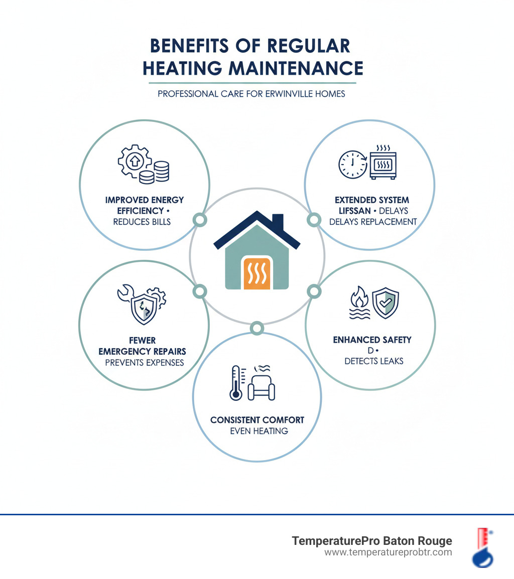 Infographic showing the benefits of regular heating maintenance: improved energy efficiency reduces monthly bills, extended system lifespan delays replacement costs, fewer emergency repairs prevent unexpected expenses, enhanced safety through carbon monoxide and gas leak detection, consistent comfort with even heating throughout your home - affordable heating service in erwinville la infographic 