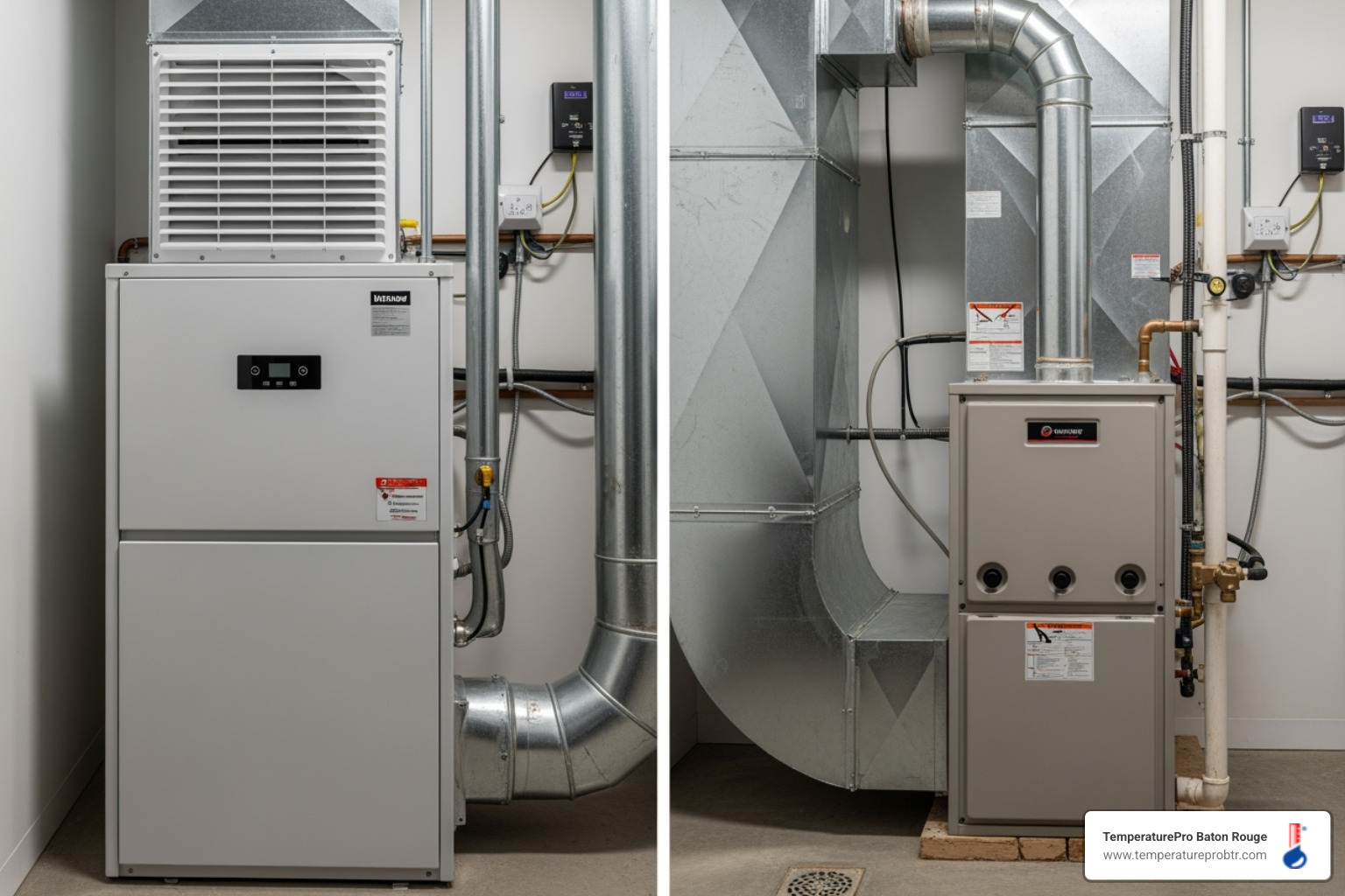 A modern heat pump unit and a gas furnace side-by-side - affordable heating service in erwinville la